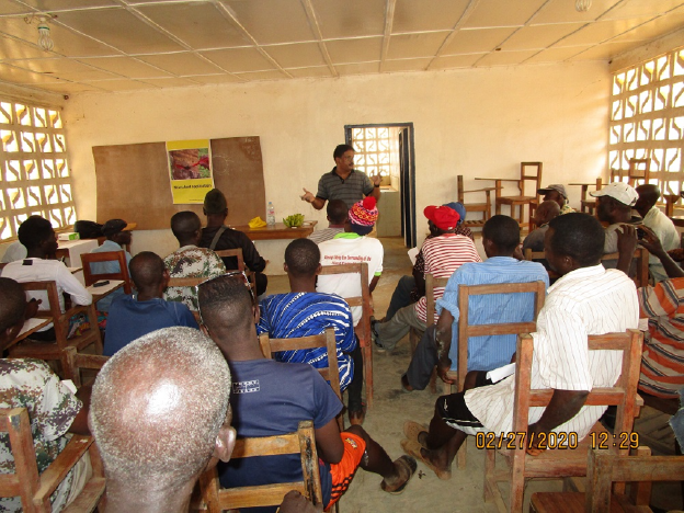 A workshop being run by Nirmal Paily, Manager of Firestone Liberia’s Farm Advisory Services, in Gowhua, Bong County in March 2020.