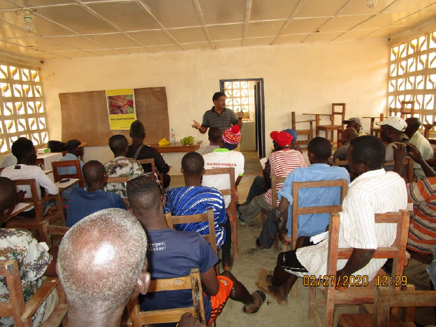 Workshop Being Run by Nirmal Paily A workshop being run by Nirmal Paily, Manager of Firestone Liberia’s Farm Advisory Services, in Gowhua, Bong County in March 2020.